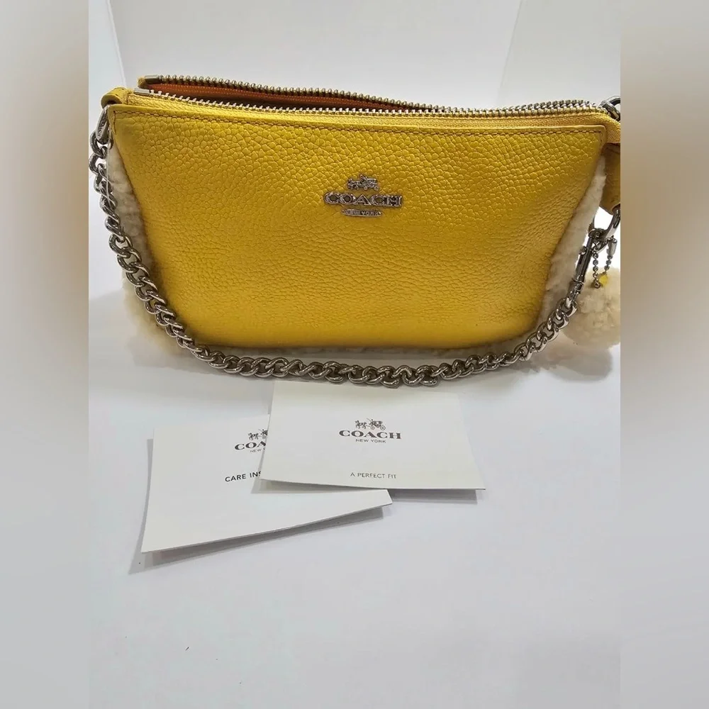 NWT Coach Yellow Pebbled Leather Mini Wristlet with Shearling Accents